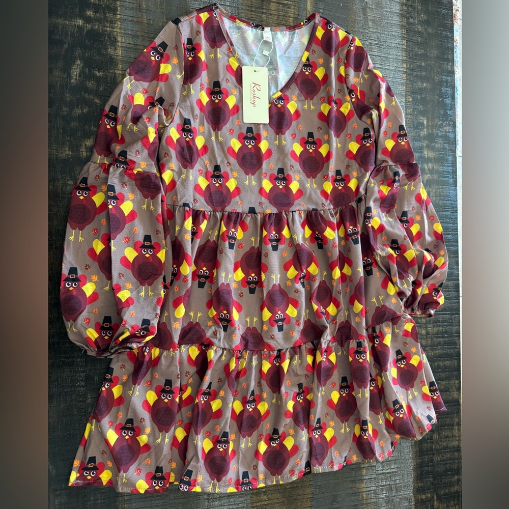 NWT Women's V-Neck Bell Sleeve Dress A Line Swing Midi Dress Autumn Thanksgiving